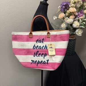 NWT Pink White Stripe Woven Tote Beach Bag Eat Sleep Repeat Summer Travel Large